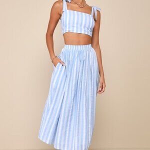 Lulus Cheerful Season Blue Striped Two-piece Midi Dress With Pockets - Size XS